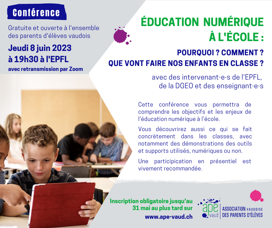 Conférence "Éducation numérique à l'école: pourquoi? comment? que vont faire nos enfants en classe?"